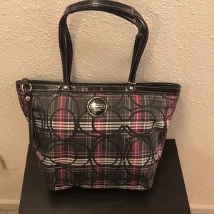 Coach black, pink, blue, and white plaid purse